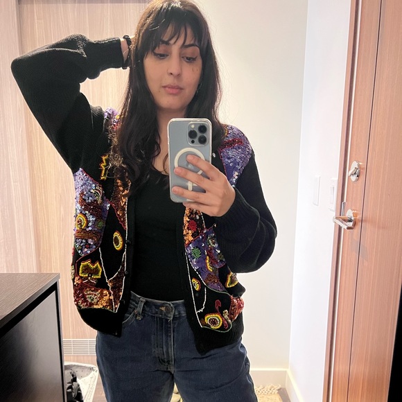 VINTAGE 80’s Multicoloured Beaded  Cardigan Sweater - Picture 3 of 12